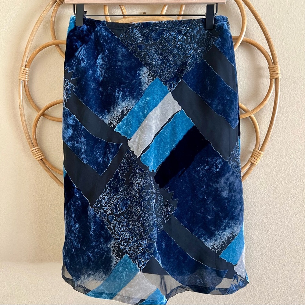 Vintage Y2K Velvet Sheer Patchwork Print Blue & Black Mini Skirt